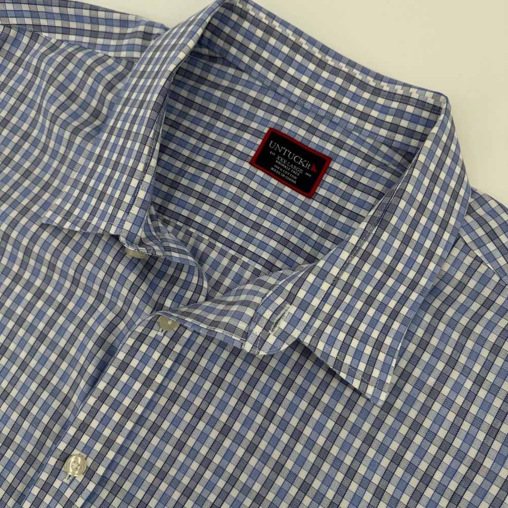 UNTUCKit Mens XXXL Blue Gingham Wrinkle Free Cotton Short Sleeve Shirt